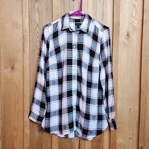 Talbots Long Sleeve Button Down Casual Tunic Shirt XS, Red, White, & Black Plaid